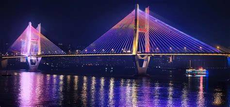 Vue nocturne sur le fleuve et les ponts luminescents